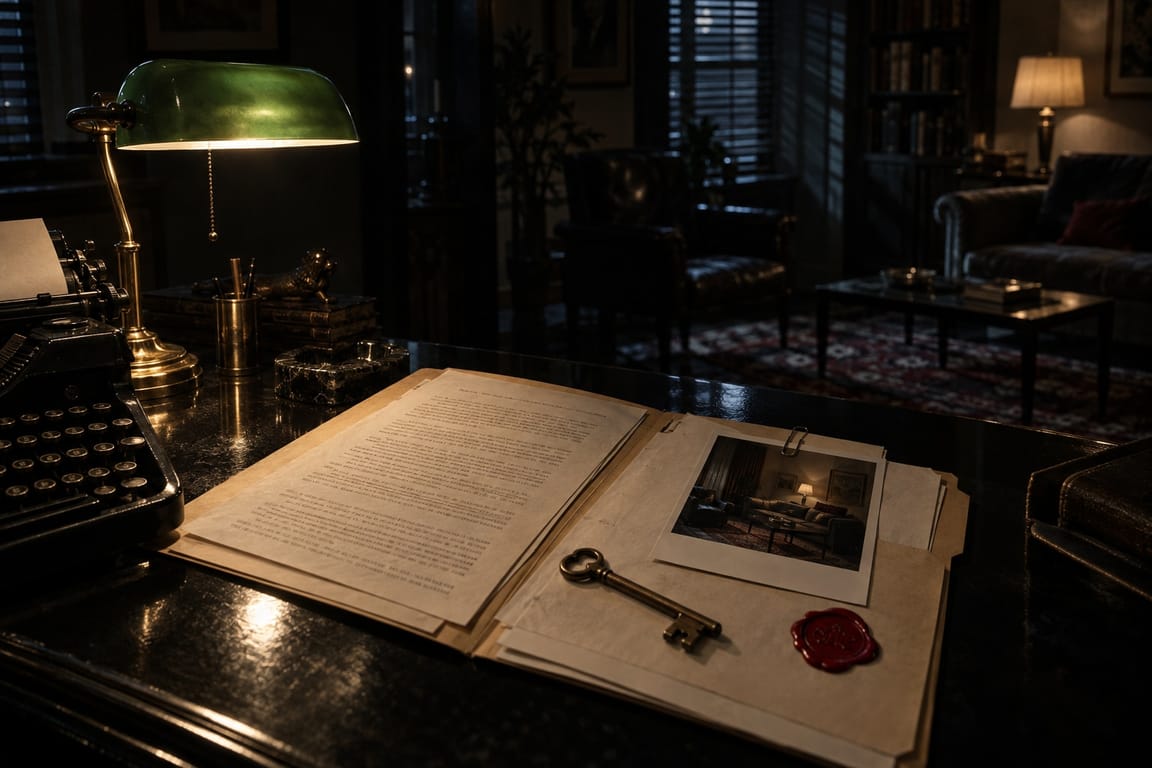An open case file on a black desk: typewritten pages, an old brass key, a red wax seal and a photograph of a room.