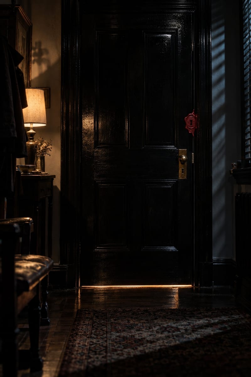 A black lacquered door at the end of a hallway, a line of light underneath.