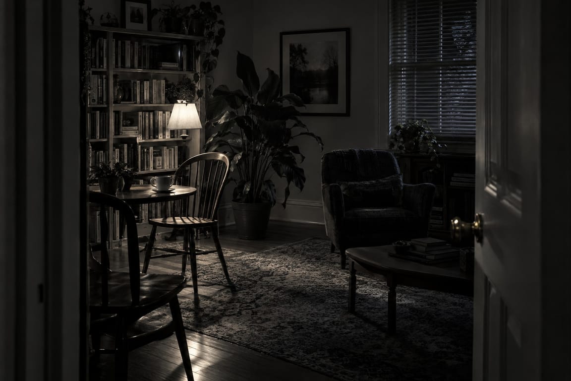 An ordinary living room at night: a bookshelf, a lamp, a round table with a mug, two chairs, a plant, an armchair and a door.