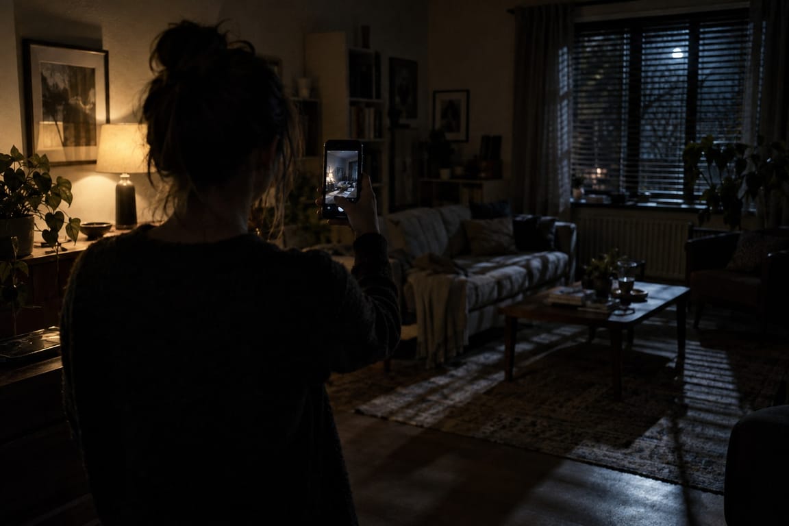 Someone standing in a dim living room at night holds up a phone to scan it.