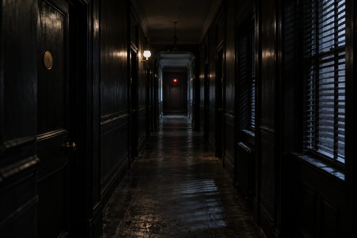 A long, dark corridor at night with one red light glowing at the end.